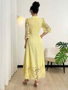 Vestido largo de manga larga con parches de bordado de ojal amarillo para mujeres - Amarillo - Ver 4
