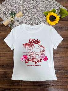 1 pieza de camiseta de verano para mujer, de cuello redondo, manga corta, corte ajustado, informal, con estampado inglés de palmeras, tablas de surf y costas, estilo Y2K, adecuada para primavera, verano, playa, calle, uso diario, trabajo, fiestas de oficina, salidas, carnaval, festivales de música, Día de San Valentín, fiestas, color blanco. . Estilo Y2K, estilo a la moda, lo más nuevo de 2026, estilo lindo, estilo casual. 180g (Tallas S-XXXL) - Blanco - Ver 10