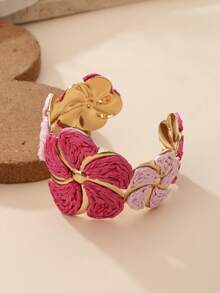 1pc Raffia Flower Open Bangle Bracelet, Contrasting Metal Flower Holder, Niche Accessory, Suitable For Beach Vacation, Summer Party, Gathering With Friends, Daily Wear, Vacation Style / Energetic Style / Retro Style - Plum Red - View 4