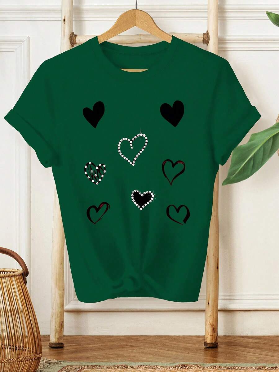 Camisa de manga corta para mujer con estampado de corazones vintage, nueva colección de verano, camisa estampada de moda casual para damas, ropa elegante para mujer. - Verde - Ver 1