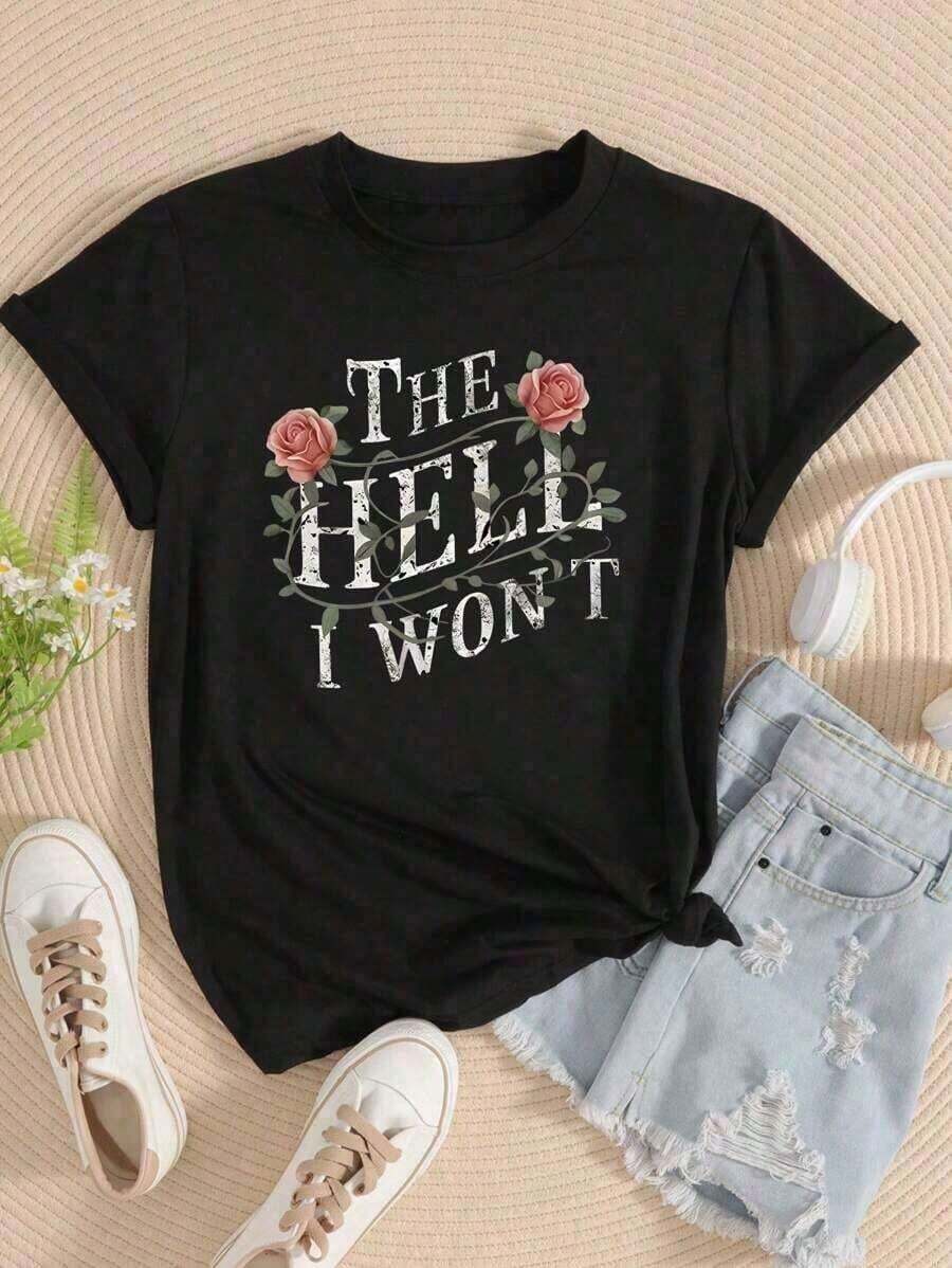 1 pieza Camiseta de manga corta con estampado de eslogan casual de verano, talla grande, 180g, 100% algodón - Negro - Ver 1