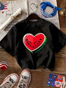 Short-Sleeved T-Shirt With Heart-Shaped Watermelon Print, Casual Round Neck, Women's Clothing. - 黑色 - 查看 6