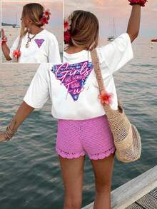 New Summer Fashion "Just Wanna Have Fun", Stylish Graphic Print T-Shirt, Short-Sleeved Crew Neck Casual Top For Summer And Spring, Women's Clothing, Cotton T-Shirt - White - View 7