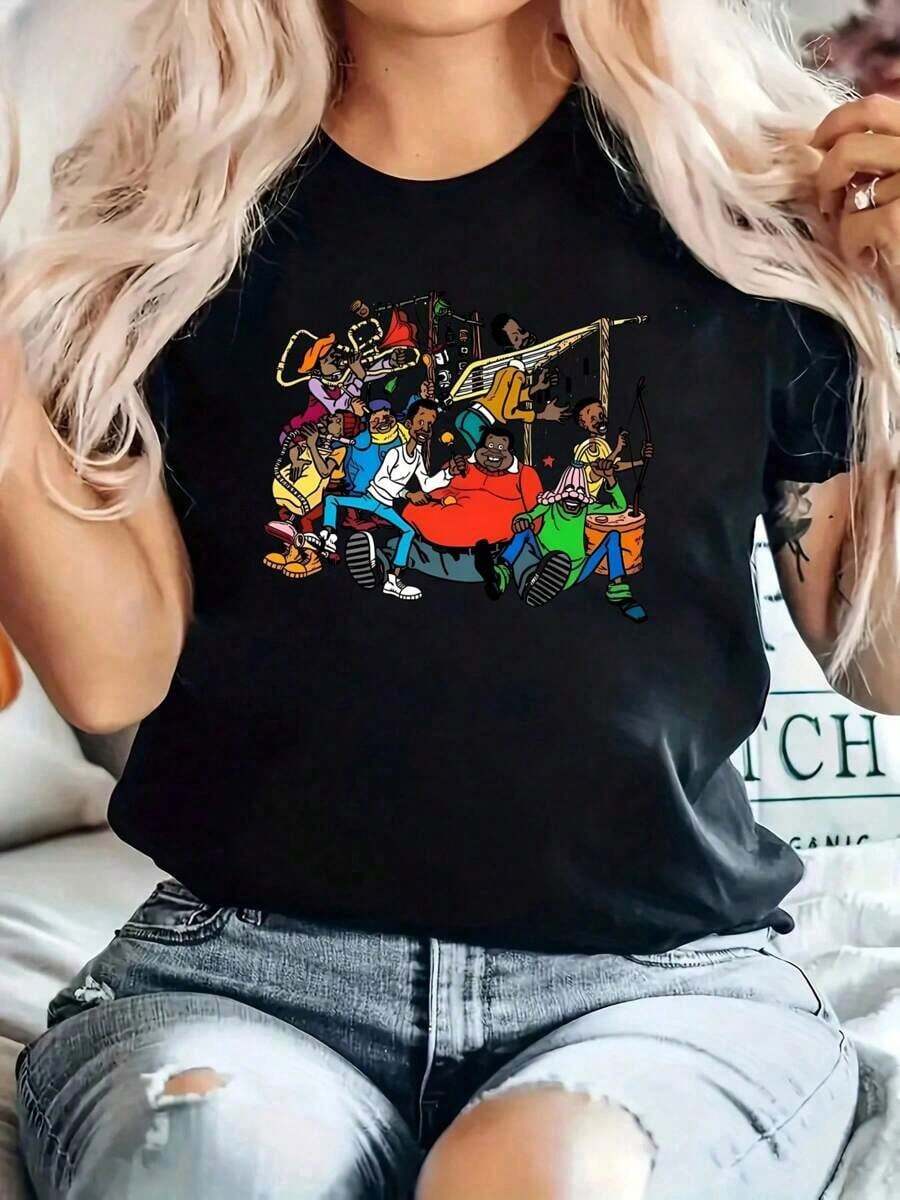 Women's Anime T-Shirt With Albert And The Cosby Cartoon Design For Valentine's Day, Women's Thick 220g Pure Cotton Crew Neck Casual T-Shirt (1 Piece) - 黑色 - 查看 1
