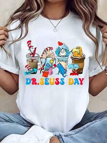 Women's T-Shirt With Character And Text Print, Round Neck, Standard Fit, Casual Wear, Gift Idea - Vintage Urban Style, Unisex, Loose Fit, Cotton, Short Sleeve, Round Neck, Blouses For Women, Women's T-Shirts, Casual Blouses For Ladies - 白色 - 查看 6