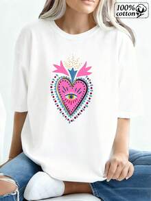 Camiseta blanca de mujer con un corazón con un ojo y patrones florales, perfectara el uso cotidiano casual - Blanco - Ver 2