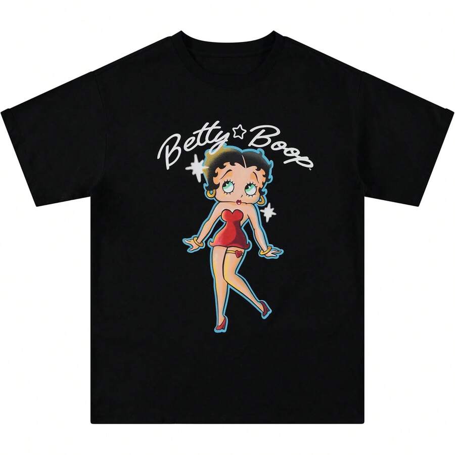 White Cotton T-Shirt With Print, Women's Retro Casual Short Sleeve T-Shirt, Vintage Aesthetic Style - 黑色 - 查看 1