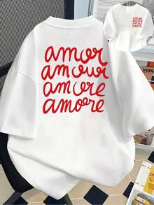 Camiseta con Estampado Love, Amor, Manga Corta, Cuello Redondo, Estilo Casual para Primavera y Verano, Ropa de Mujer, Estilo Y2k - Blanco - Ver 10