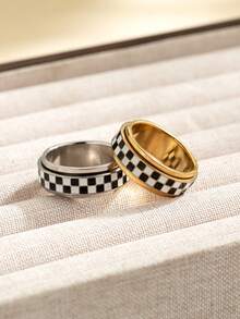 1/2pcs Stainless Steel Black & White Chessboard Rotatable Anti-Stress Rings, Unisex Everyday Versatile Design, Available In Sizes 6-11, Great Gift For Friends, Couples - Gold + Silver - View 6