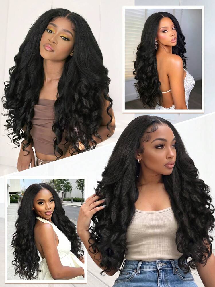 26 Inch Synthetic No Glue U-Part Wig, Yaki Curly V-Part Wig With Flipped Curls, Natural Black Color For Daily & Party Use - Multicolor - View 6