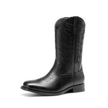 Men's Western Premium Leather Cowboy Boots Square Toe Pull On Embroidered Design All Seasons Comfort,Durable Leather Retro Short Boot Country Chic - Black - View 2