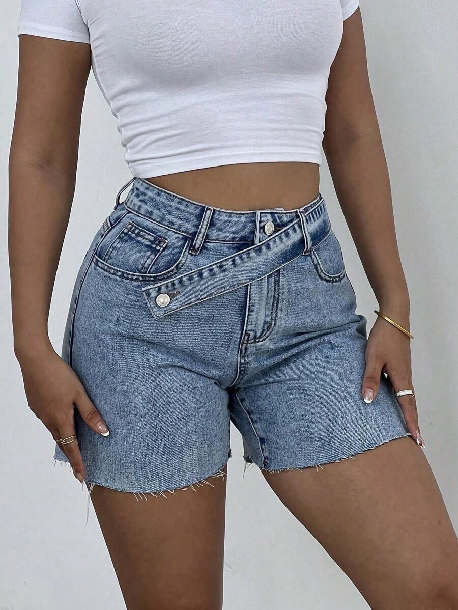 Women Simple And Fashionable Casual High Waisted Denim Shorts, Suitable For Summer, St Patrick Day / Saint Patrick, Rave Festival /Country Concert / Nashville / Ibiza Holiday Shorts - Azul - Ver 1