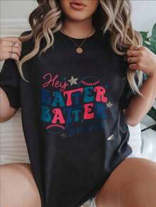 Camiseta Casual de Manga Corta para Mujer - Diseño de Béisbol "Hey Batter Batter Swing" con Estrellas, Cuello Redondo, Top de Verano, Lavable a Máquina, Camisetas para Damas, Ropa Casual, Estilo Moderno, Ajuste Cómodo  
 -Blanco - Negro - Ver 7