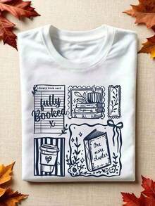 1 Piece "Just One More Chapter" T-Shirt, "Books And Coffee" T-Shirt, Literary T-Shirt, Gift Idea For Book Lovers, Flirty Reading Teacher, Flower Book, Gift For Book Club. EC-273180g 100% Cotton, Designs Are Fully Printed. Unisex. - 白色 - 查看 12