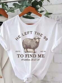 Left Behind 99 Women's Printed T-Shirts - Casual Short Sleeve Crew Neck T-Shirts With Sheep And Bible Verse Prints, Comfortable Washed T-Shirts For All Seasons, Loose Fit T-Shirts For Everyday Wear, Soft Fabric T-Shirts With Digital Print Suitable For Easter, Halloween, Thanksgiving And More. Suitable For Spring, Summer And Fall. - 白色 - 查看 1