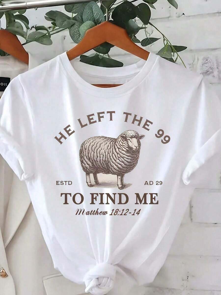 Left Behind 99 Women's Printed T-Shirts - Casual Short Sleeve Crew Neck T-Shirts With Sheep And Bible Verse Prints, Comfortable Washed T-Shirts For All Seasons, Loose Fit T-Shirts For Everyday Wear, Soft Fabric T-Shirts With Digital Print Suitable For Easter, Halloween, Thanksgiving And More. Suitable For Spring, Summer And Fall. - 白色 - 查看 1