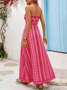 Vestido de gasa con estampado para primavera y verano con cuello de halter para mujeres - Rosa - Ver 3