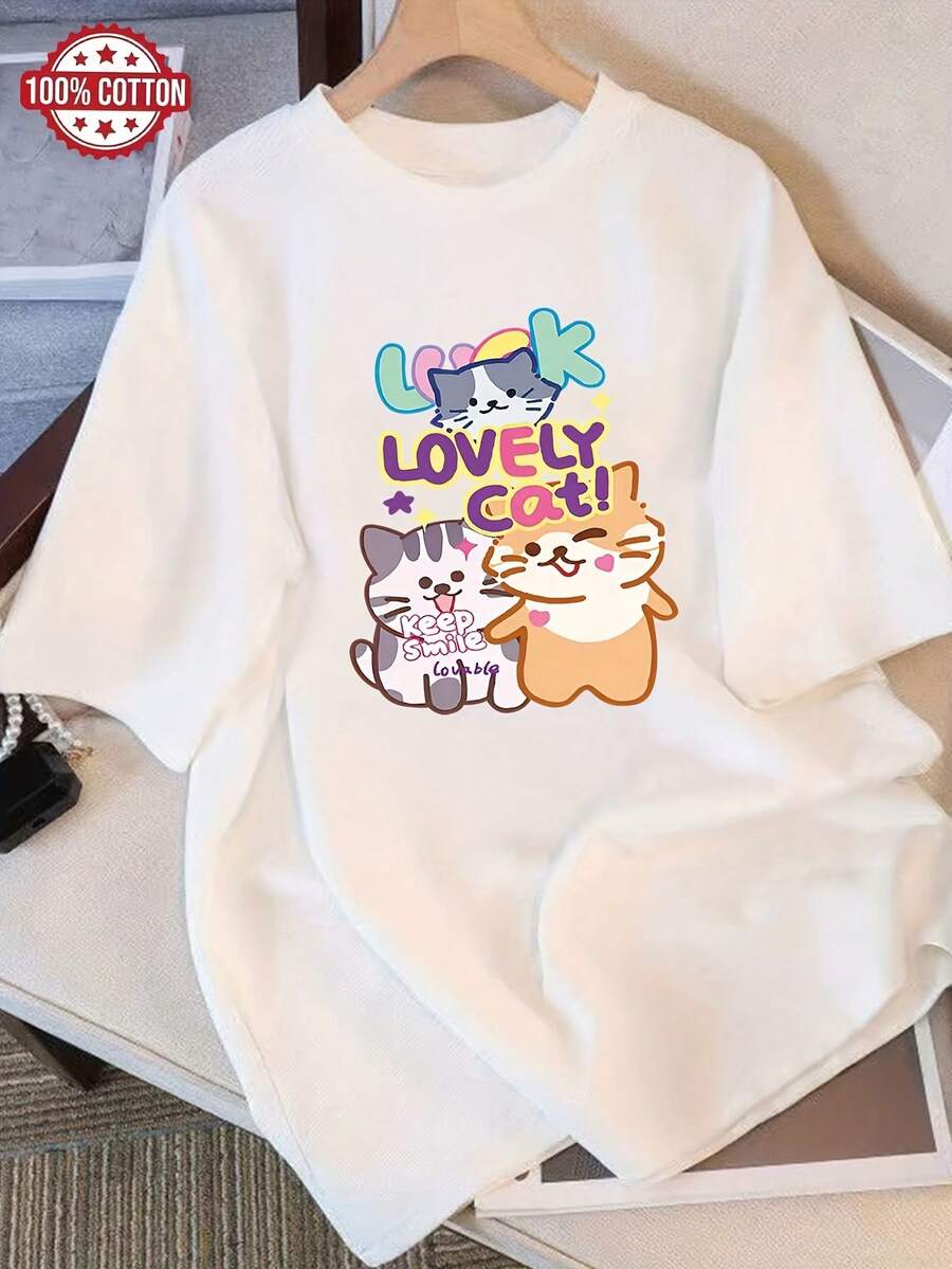 Camiseta de Mujer con Bonito Estampado de Gato - Corte Holgado, Suave para Uso Diario, Diseño de Gato de la Suerte - Camiseta Casual para Todas las Temporadas (Lavable a Máquina), Tops de Tela Transpirable para Mujer - Blanco - Ver 1