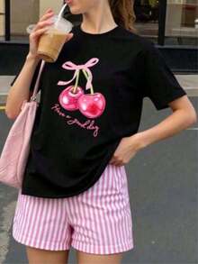 Camiseta "Cherry Have a Good Day" |   Linda camiseta rosa con estampado de cerezas |   Spanish Día de las Madres Gift |   Top Casual Mexicano - Negro - Ver 1