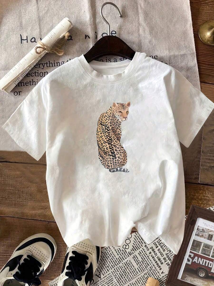 Primavera/Verano 2025, Nueva Camiseta Blanca de Mujer con Estampado de Leopardo y Estampado Artístico, Estilo Casual para Fiesta, Y2k, Camiseta - Blanco - Ver 1