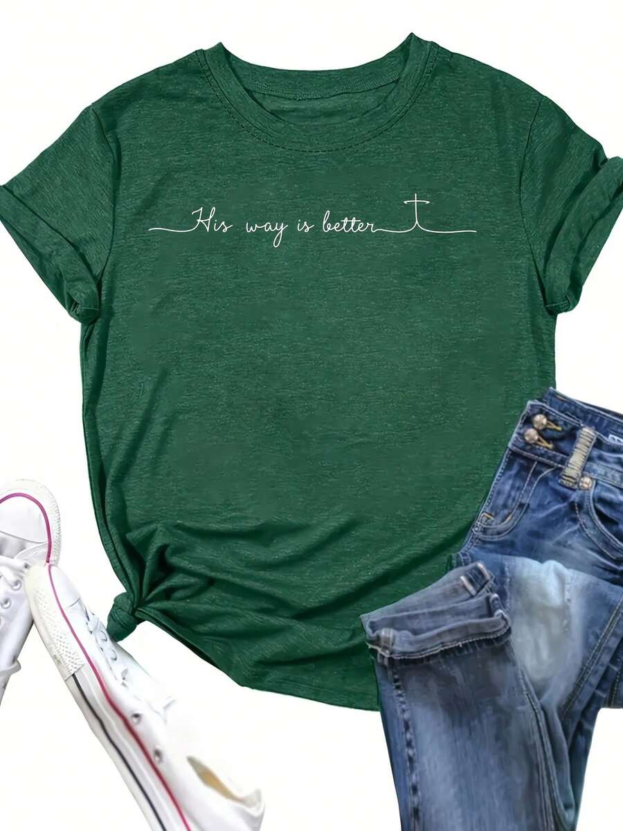 Women's Limited Edition Crew Neck T-Shirt, Lightweight And Breathable Cotton, Comfortable And Soft, With A Crossover Print Design, Suitable For Casual Everyday Wear, Designed By His Way Is Better. Lightweight Cotton - 綠色 - 查看 1