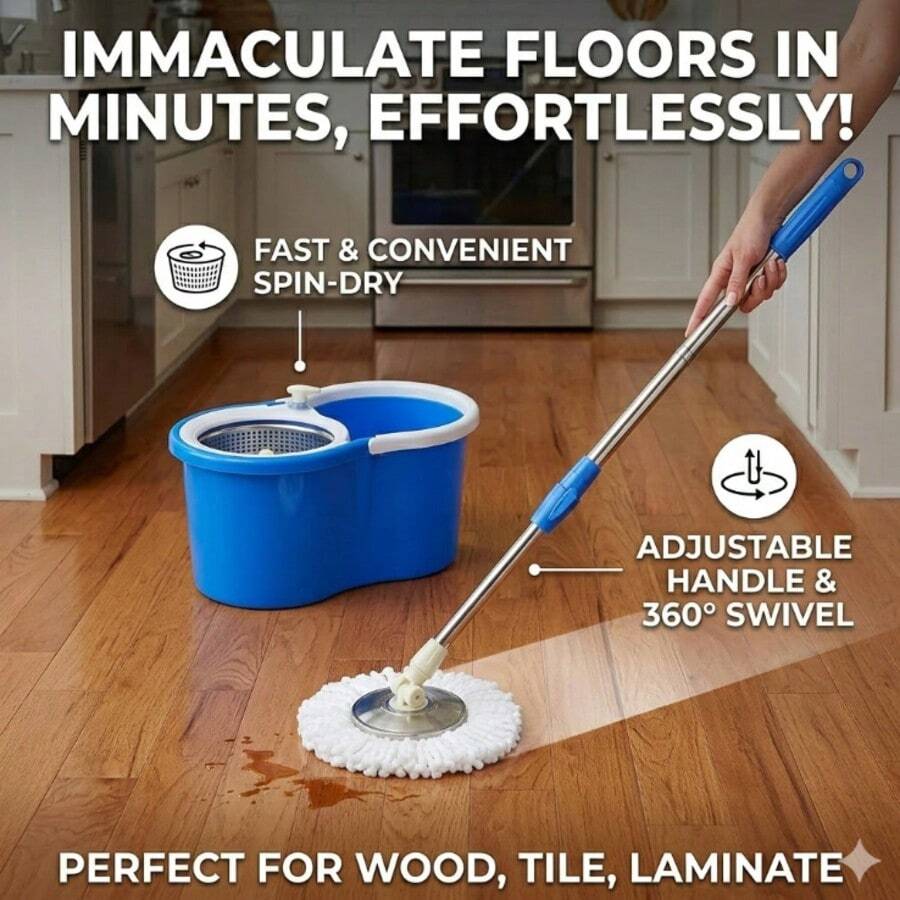 Spin Mop And Bucket With Wringer, Hands-Free Wringing 360° Swivel Head, Self-Standing Bucket With 3 Refills And Long Handle For Hardwood Floor Tile Laminate Cleaning - 藍色的 - 查看 1