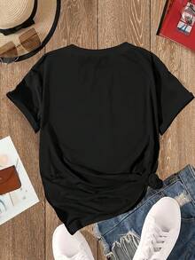 Camiseta de manga corta para mujer, de cuello redondo, casual y de moda, con estampado de libro de gato en blanco y simple, estilo de Oriente Medio, para adulta - Negro - Ver 2