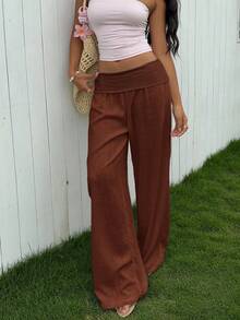 Women's Low Waisted Pants Solid Color Wide Leg Loose Fit Trousers Women Comfortable Casual Daily Wear - Café integral - Ver 4