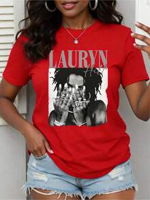 Versátil con un anillo en la muñeca - Camiseta de mujer 100% algodón/Lauren Hill/estampado de letras/camiseta vintage/top casual holgado de cuello redondo para mujer/primavera-verano - camiseta casual con estampado de grafiti de nicho - Rojo - Ver 12