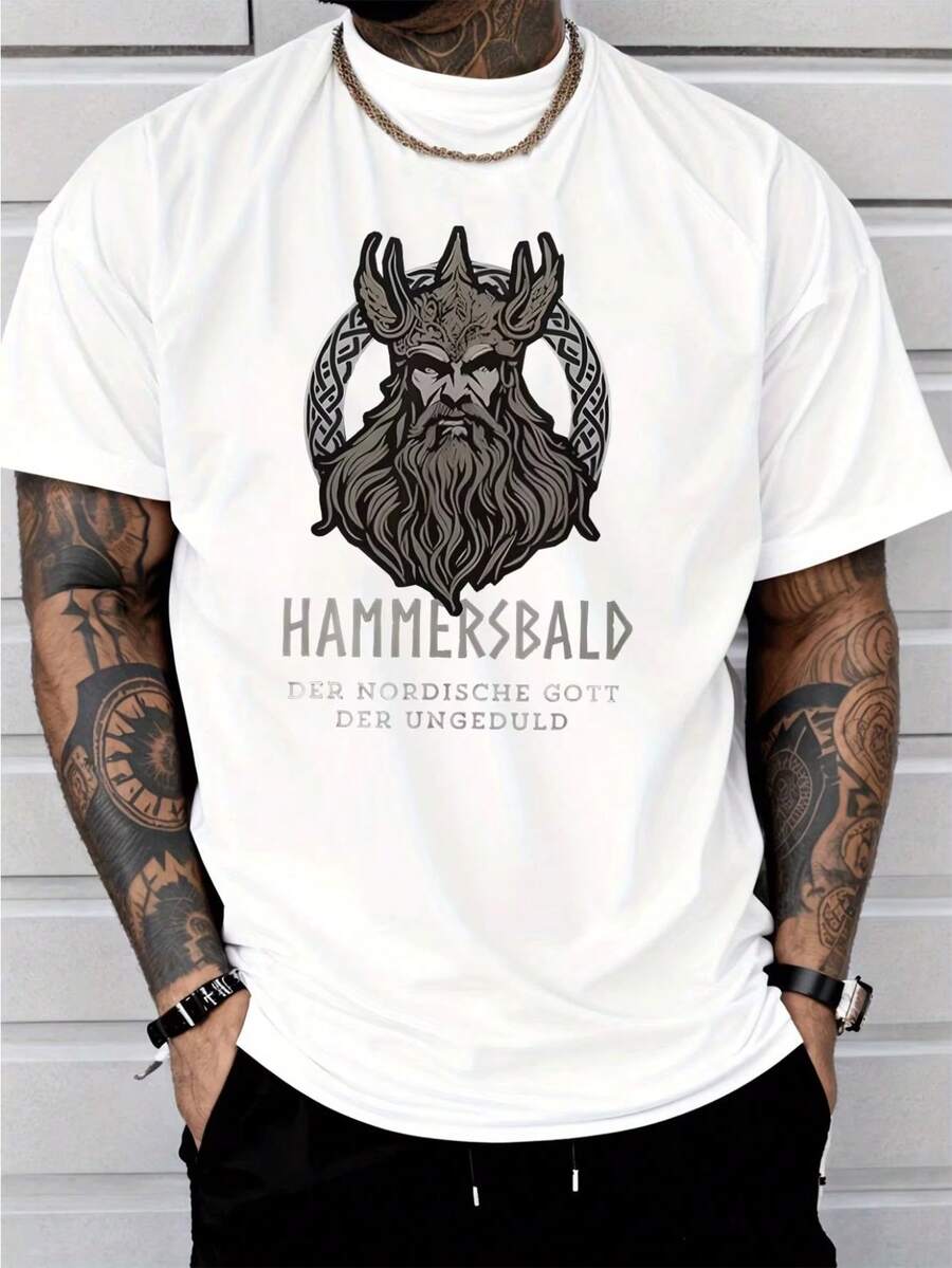 Camiseta de mitología vikinga nórdica para hombre, 100% algodón, estampado de dios vikingo, manga corta, corte holgado, transpirable, cuello redondo informal, disponible en varios colores, adecuada para el vestuario diario de los entusiastas de la mitología y la cultura vikinga. - Blanco - Ver 1
