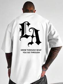 Camiseta de hombre con estampado de letras LA, estilo urbano, adecuada para uso diario, corte holgado con hombros caídos, camiseta de manga corta. - Blanco - Ver 8