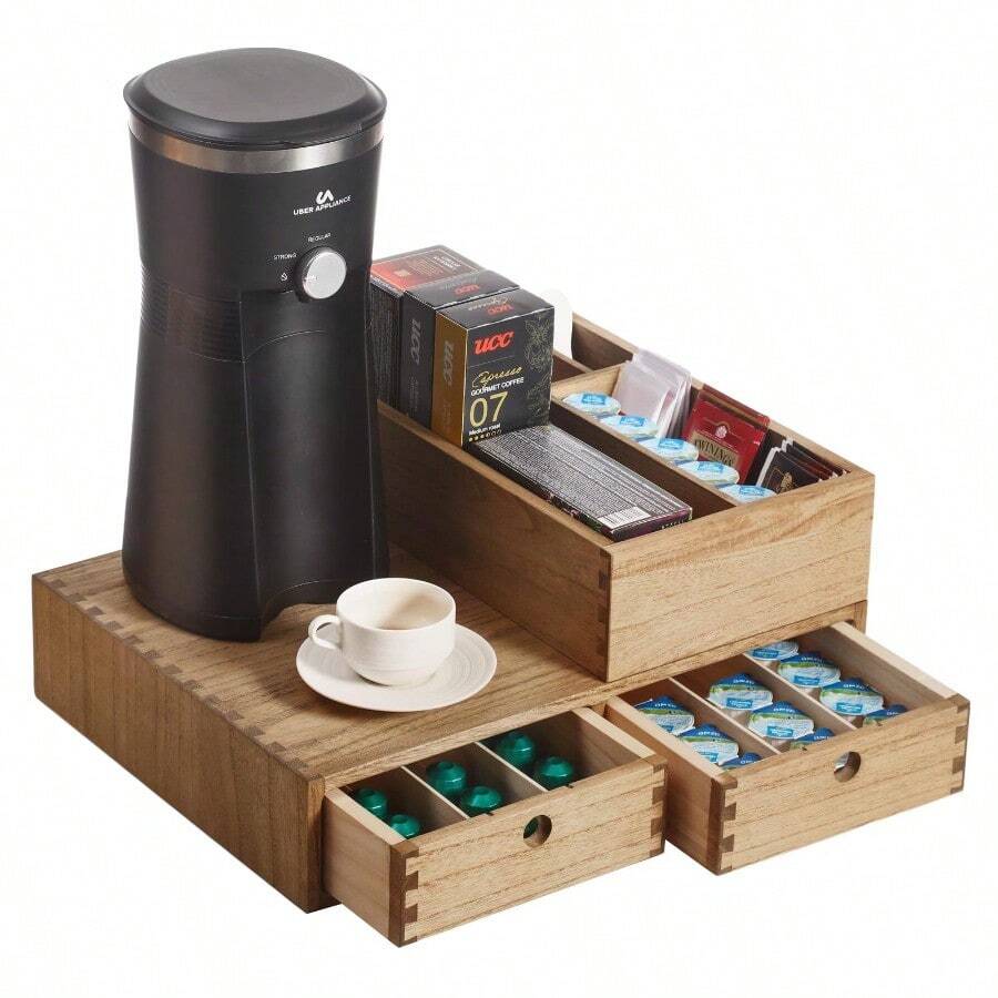 Coffee Pod Holder, Capsule Organiser For Pods, Coffee Machine Stand With Accessory Caddy For Kitchen Counter - Brown - View 1