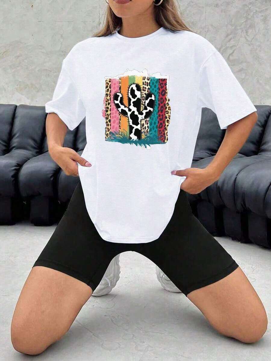 Camiseta Deportiva de Manga Corta para Mujer con Estampado de Cactus y Vaca 2026 - Blanco - Ver 1