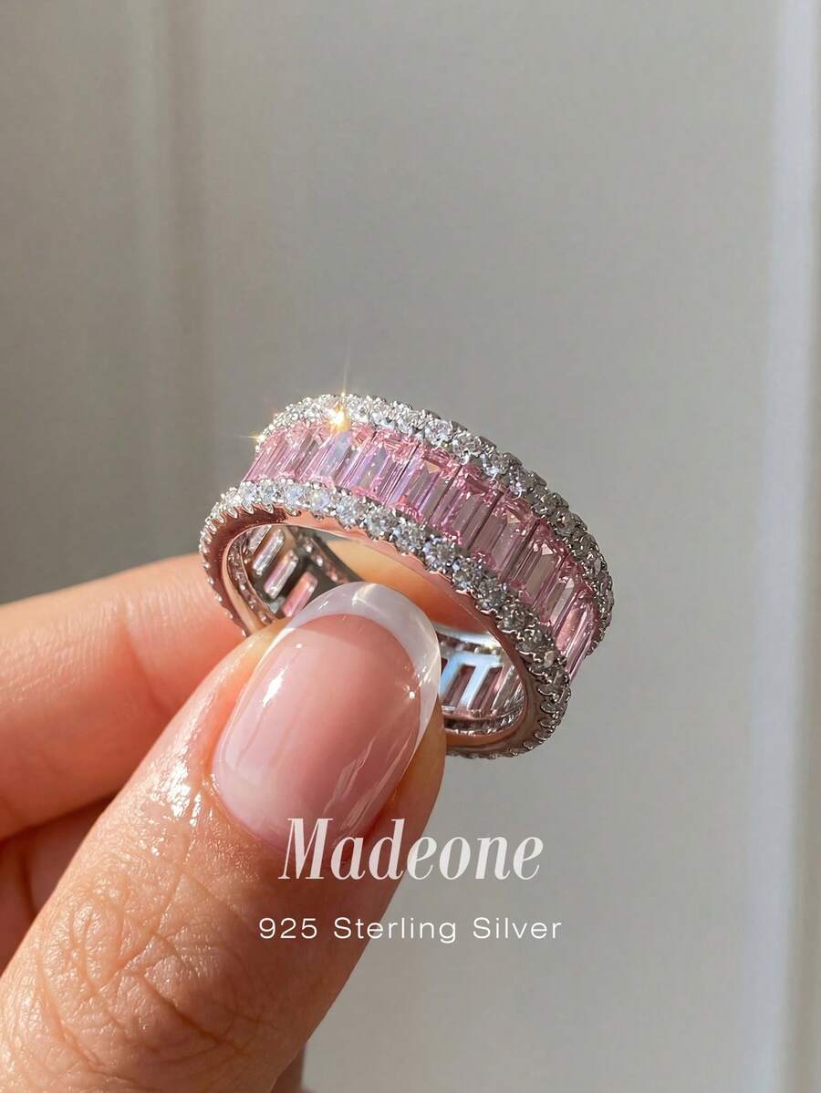 MADEONE 1枚彩色全锆石戒指，女士珠宝，采用S925纯银制成，奢华闪耀，精致珠宝，送给女孩的礼物，舞会和派对装饰