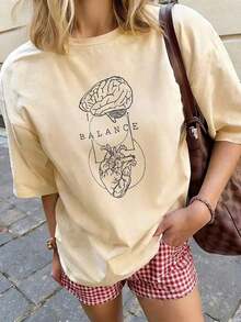 Camiseta de mujer estampada de manga corta para verano, tela de poliéster, estilo multifuncional, corte regular, peso 180 gramos, 1 unidad. - Albaricoque - Ver 8
