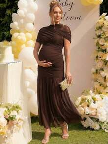 Loomaby Elegante vestido de fiesta de maternidad, vestido ajustado de unicolor con parches, tul transparente y volantes - Cafetería - Ver 9
