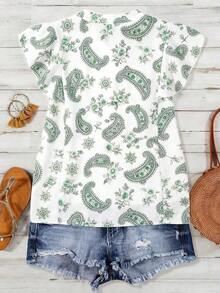 Blusa casual de mujer con estampado de cerezas, cuello plisado y mangas cortas de campana en silueta "H", para uso diario y vacaciones - Verde - Ver 2