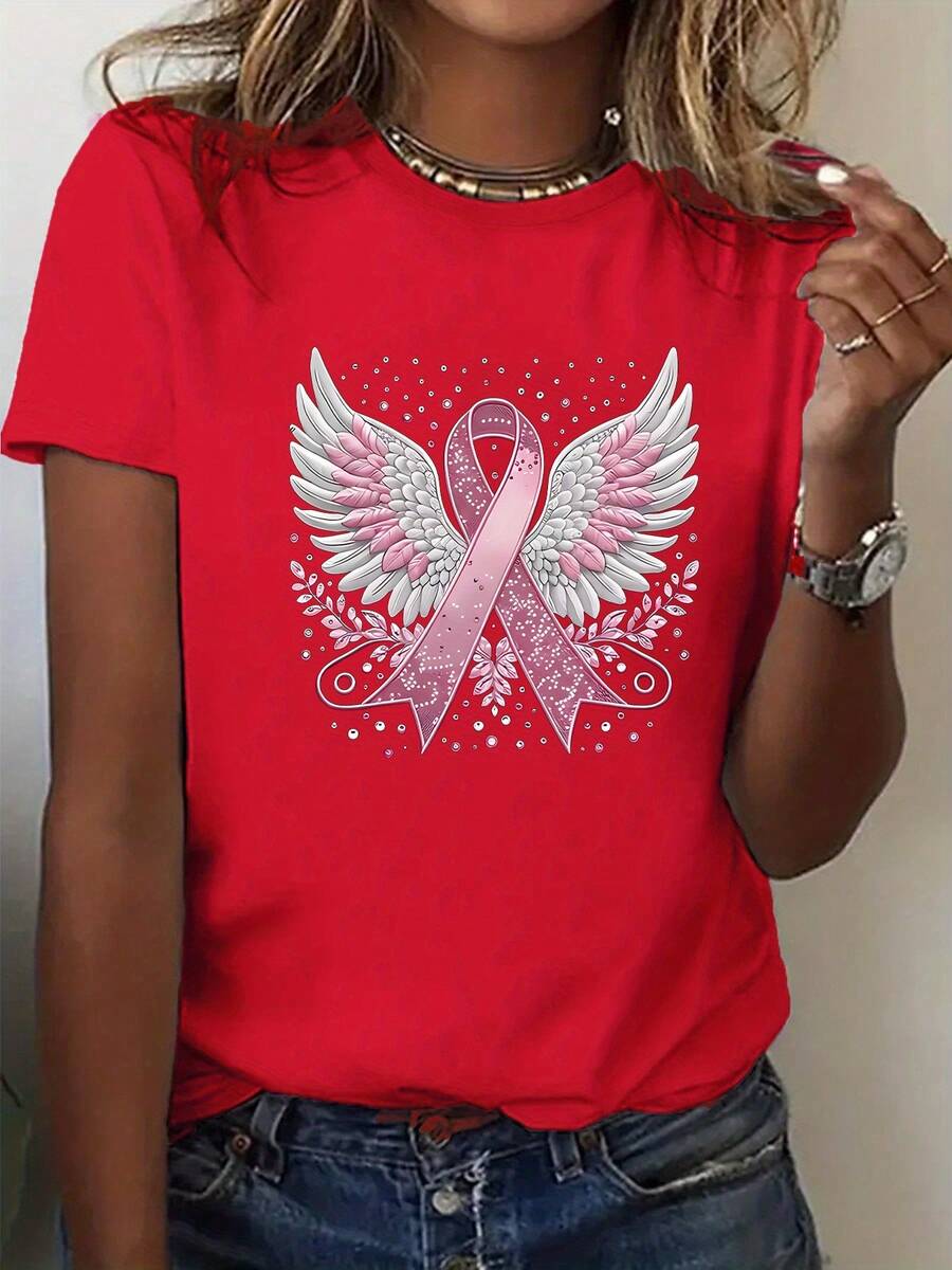 Plus Size - Women's Crew Neck T-Shirt With Pink Ribbon And Wings Print - 紅色 - 查看 1