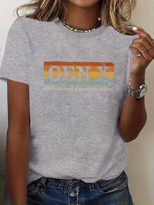 Plus Size - Plus Size - A Vintage-Style Women's T-Shirt With Colorful Striped Patterns And The Texts 'GEN X' And 'ADULTING SINCE ELEMENTARY', Designed In Plus Sizes With A Round Neck. - Grey - View 1