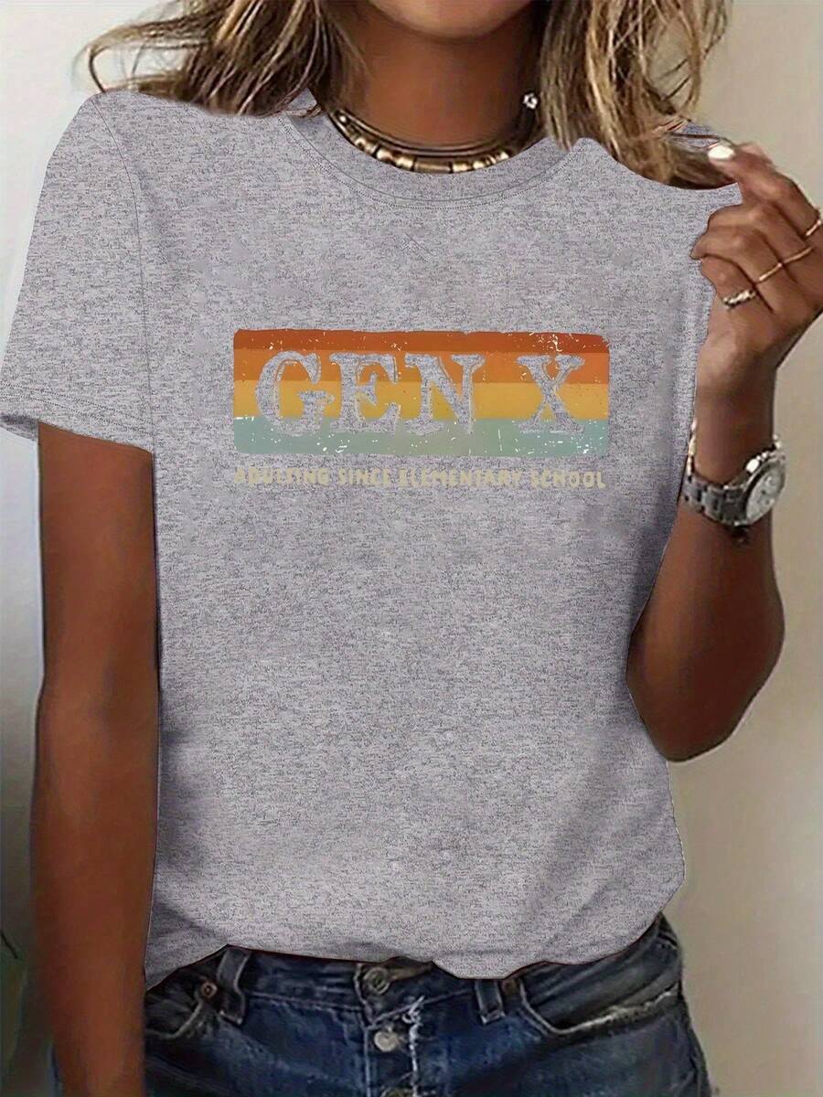 Plus Size - Plus Size - A Vintage-Style Women's T-Shirt With Colorful Striped Patterns And The Texts 'GEN X' And 'ADULTING SINCE ELEMENTARY', Designed In Plus Sizes With A Round Neck. - Grey - View 1