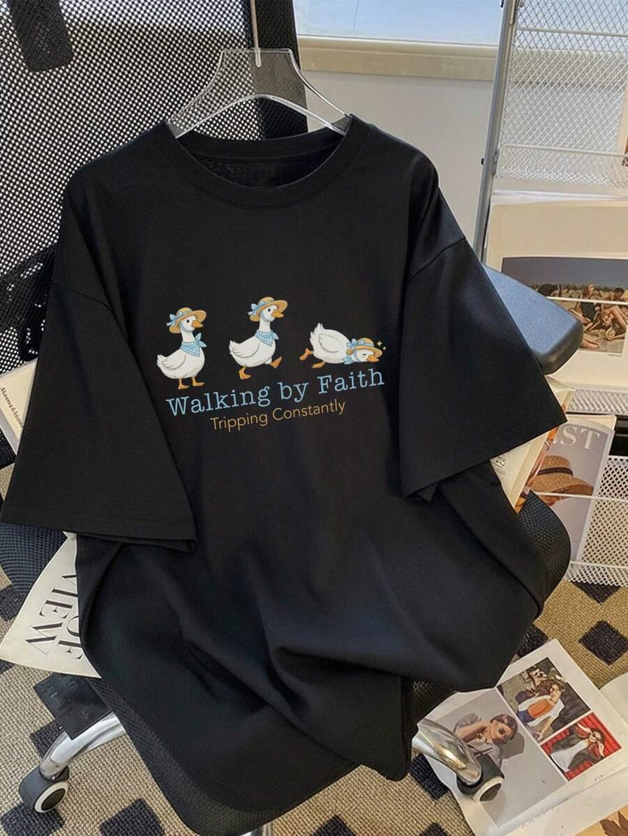 Women's Short-Sleeved T-Shirt, Casual Summer Fashion With "Letters And Duck" Print For Outdoor Activities, Loose And Comfortable Women's Shirt. - 黑色 - 查看 1