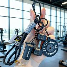Fitness Themed Barbell Dumbbell Keychain Set, Handmade Woven Keychain With Barbell, Dumbbell, Water Bottle, Keyring, Unisex Couples Fitness Couples Gift, Best Choice For Various Holidays - Multicolor - View 1
