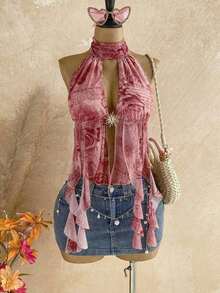 Blusa de mujer con encaje bordado, escote halter, espalda descubierta, tirantes con lazo, bajo fluido y elegante, adecuada para la playa, cruceros y resorts - Rosa - Ver 1