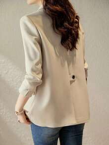 Chaqueta blazer de mujer de unicolor con cuello de solapa, adecuada para uso diario y para ir al trabajo - Beis - Ver 5