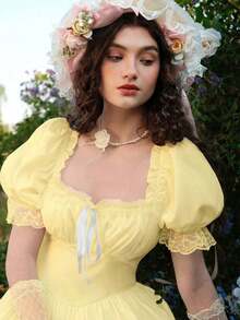 MOD Vestido largo de encaje blanco con volantes estilo victoriano vintage, vestido de fiesta, vestido de graduación, con exquisita mano de obra - amarillo ganso - Ver 2