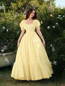MOD Vestido largo de encaje blanco con volantes estilo victoriano vintage, vestido de fiesta, vestido de graduación, con exquisita mano de obra - amarillo ganso - Ver 6