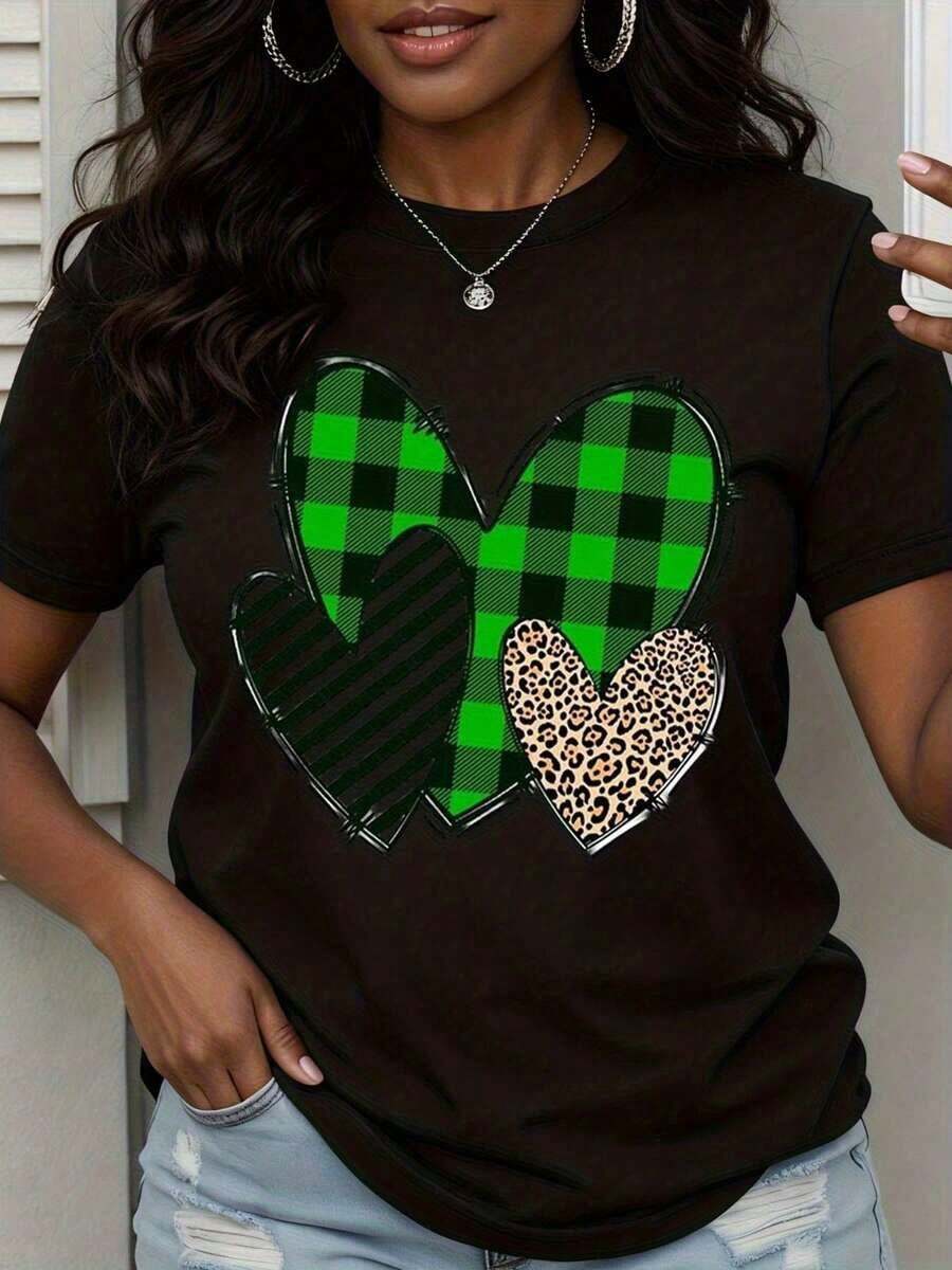 1 Piece Of Women's Casual T-Shirt, Leopard Heart Print, Black Stripes And Green Checks, Summer Top For Daily Wear, 180g, 100% Cotton. - 黑色 - 查看 1