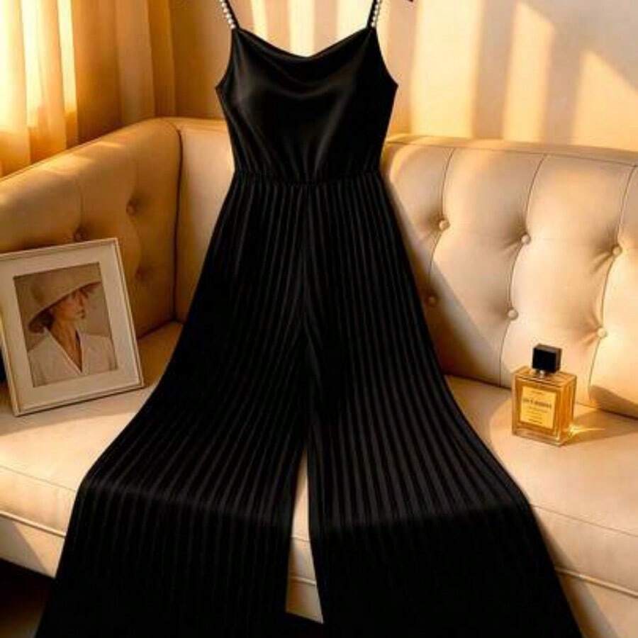 CURVE Plus Size Women's Fashionable Solid Color Pleated Jumpsuit - Negro - Ver 1