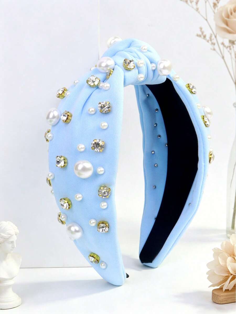 1 chiếc băng đô nữ bản rộng bằng vải đính ngọc trai & đá rhinestone, phụ kiện tóc phong cách tối giản màu trơn retro - xanh nhạt - Xem 1