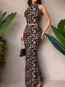 Sexy Print Crop Top With Halter Neck And Open Back, Two-Piece Set With High-Waisted Fitted Maxi Skirt - 豹紋 - 查看 5
